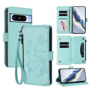 For Google Pixel 8 Pro Butterfly Love Flower Multi-card Zipper Wallet Leather Phone Case(Mint Green)