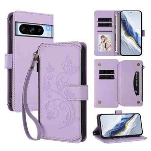 For Google Pixel 8 Pro Butterfly Love Flower Multi-card Zipper Wallet Leather Phone Case(Light Purple)
