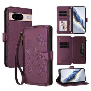 For Google Pixel 8a Butterfly Love Flower Multi-card Zipper Wallet Leather Phone Case(Dark Purple)