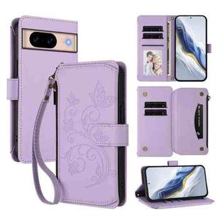 For Google Pixel 8a Butterfly Love Flower Multi-card Zipper Wallet Leather Phone Case(Light Purple)