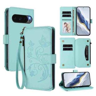For Google Pixel 10 / 10 Pro / 9 Pro Butterfly Love Flower Multi-card Zipper Wallet Leather Phone Case(Mint Green)