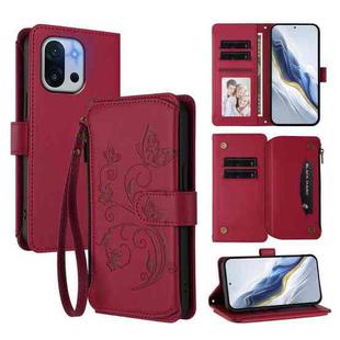 For OnePlus 13T Butterfly Love Flower Multi-card Zipper Wallet Leather Phone Case(Wine Red)