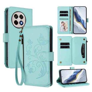 For OnePlus 13R 5G / Ace 5 / 5 Pro Butterfly Love Flower Multi-card Zipper Wallet Leather Phone Case(Mint Green)