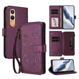 For OnePlus Nord CE4 Lite 5G Butterfly Love Flower Multi-card Zipper Wallet Leather Phone Case(Dark Purple)