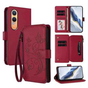 For OnePlus Nord CE4 Lite 5G Butterfly Love Flower Multi-card Zipper Wallet Leather Phone Case(Wine Red)