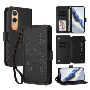 For OnePlus Nord CE4 Lite 5G Butterfly Love Flower Multi-card Zipper Wallet Leather Phone Case(Black)