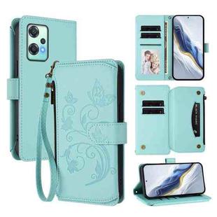 For OnePlus Nord 2 Lite 5G / CE 2 Lite Butterfly Love Flower Multi-card Zipper Wallet Leather Phone Case(Mint Green)