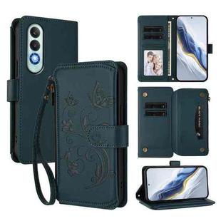 For OnePlus Nord CE4 5G Butterfly Love Flower Multi-card Zipper Wallet Leather Phone Case(Dark Green)