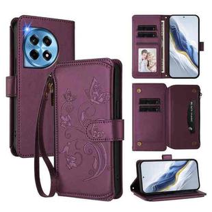 For OnePlus 12R 5G / Ace 3 5G Butterfly Love Flower Multi-card Zipper Wallet Leather Phone Case(Dark Purple)