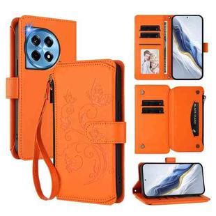 For OnePlus 12 5G Butterfly Love Flower Multi-card Zipper Wallet Leather Phone Case(Orange)