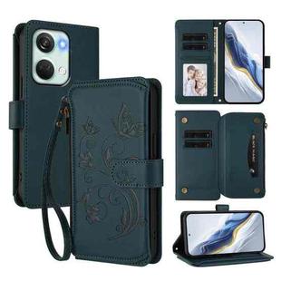 For OnePlus Nord 3 / Ace 2V Butterfly Love Flower Multi-card Zipper Wallet Leather Phone Case(Dark Green)