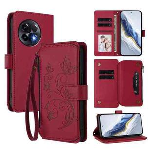 For OnePlus 11R 5G / Ace 2 5G Butterfly Love Flower Multi-card Zipper Wallet Leather Phone Case(Wine Red)