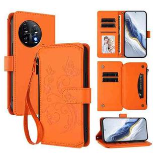 For OnePlus 11 Butterfly Love Flower Multi-card Zipper Wallet Leather Phone Case(Orange)