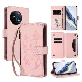For OnePlus 11 Butterfly Love Flower Multi-card Zipper Wallet Leather Phone Case(Pink)