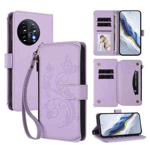 For OnePlus 11 Butterfly Love Flower Multi-card Zipper Wallet Leather Phone Case(Light Purple)