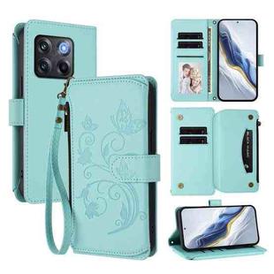 For OnePlus 10T 5G / Ace Pro 5G Butterfly Love Flower Multi-card Zipper Wallet Leather Phone Case(Mint Green)