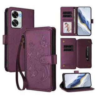 For OnePlus Nord 2T Butterfly Love Flower Multi-card Zipper Wallet Leather Phone Case(Dark Purple)