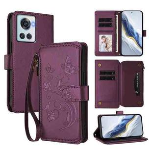 For OnePlus 10R / Ace Butterfly Love Flower Multi-card Zipper Wallet Leather Phone Case(Dark Purple)