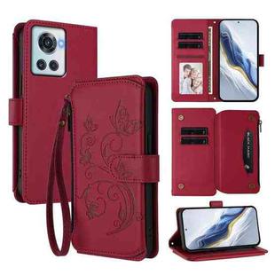 For OnePlus 10R / Ace Butterfly Love Flower Multi-card Zipper Wallet Leather Phone Case(Wine Red)