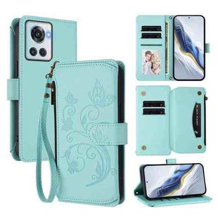 For OnePlus 10R / Ace Butterfly Love Flower Multi-card Zipper Wallet Leather Phone Case(Mint Green)