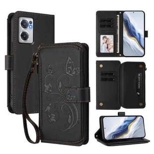 For OnePlus Nord CE2 5G Butterfly Love Flower Multi-card Zipper Wallet Leather Phone Case(Black)