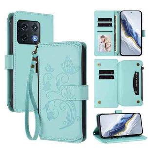 For OnePlus 10 Pro 5G Butterfly Love Flower Multi-card Zipper Wallet Leather Phone Case(Mint Green)
