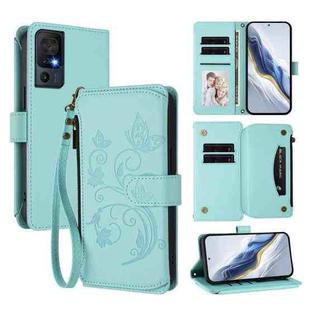 For TCL 40 SE Butterfly Love Flower Multi-card Zipper Wallet Leather Phone Case(Mint Green)