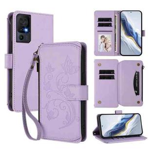 For TCL 40 SE Butterfly Love Flower Multi-card Zipper Wallet Leather Phone Case(Light Purple)