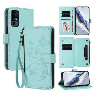 For TCL 40R / Sharp Aquos V6 5G Butterfly Love Flower Multi-card Zipper Wallet Leather Phone Case(Mint Green)