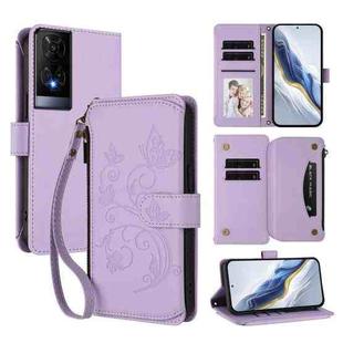 For TCL 50 XE Butterfly Love Flower Multi-card Zipper Wallet Leather Phone Case(Light Purple)