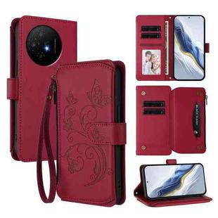 For TCL 50 XL / 50 XL NxtPaper 5G Butterfly Love Flower Multi-card Zipper Wallet Leather Phone Case(Wine Red)