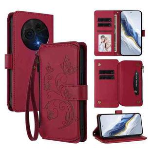 For TCL 60 NxtPaper Butterfly Love Flower Multi-card Zipper Wallet Leather Phone Case(Wine Red)
