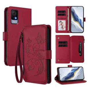 For TCL 405 / 406 / 406S / 408 / T506D Butterfly Love Flower Multi-card Zipper Wallet Leather Phone Case(Wine Red)