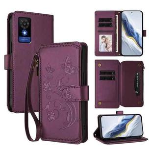 For TCL 501 / Vodafone Smart M25 Butterfly Love Flower Multi-card Zipper Wallet Leather Phone Case(Dark Purple)