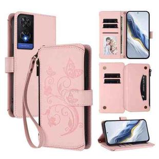 For TCL 505 / T509K / T5094 Butterfly Love Flower Multi-card Zipper Wallet Leather Phone Case(Pink)
