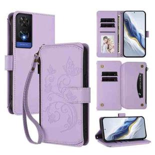 For TCL 505 / T509K / T5094 Butterfly Love Flower Multi-card Zipper Wallet Leather Phone Case(Light Purple)