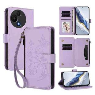 For TCL 605 / 60 SE Butterfly Love Flower Multi-card Zipper Wallet Leather Phone Case(Light Purple)