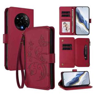 For Realme 14 Pro 5G India Butterfly Love Flower Multi-card Zipper Wallet Leather Phone Case(Wine Red)