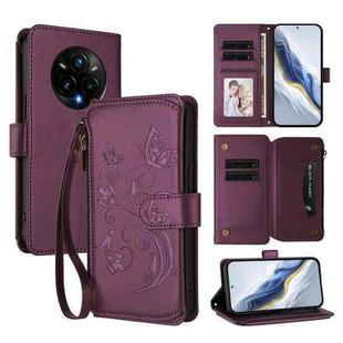 For Realme 14 Pro+ 5G Butterfly Love Flower Multi-card Zipper Wallet Leather Phone Case(Dark Purple)