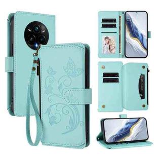 For Realme 14 Pro+ 5G Butterfly Love Flower Multi-card Zipper Wallet Leather Phone Case(Mint Green)