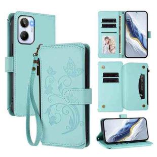 For Realme 10 4G Global Butterfly Love Flower Multi-card Zipper Wallet Leather Phone Case(Mint Green)