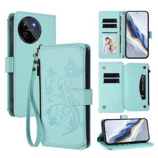 For Realme 11 4G Global Butterfly Love Flower Multi-card Zipper Wallet Leather Phone Case(Mint Green)