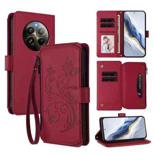 For Realme 13 / 12 4G / P1 5G Global Butterfly Love Flower Multi-card Zipper Wallet Leather Phone Case(Wine Red)