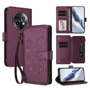 For Realme 13+ 5G Global Butterfly Love Flower Multi-card Zipper Wallet Leather Phone Case(Dark Purple)