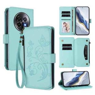 For Realme 13+ 5G Global Butterfly Love Flower Multi-card Zipper Wallet Leather Phone Case(Mint Green)