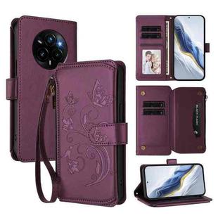 For Realme 14 Pro+ 5G Global Butterfly Love Flower Multi-card Zipper Wallet Leather Phone Case(Dark Purple)