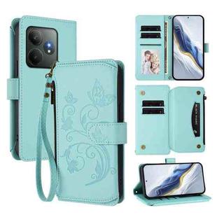 For Realme GT 6 5G / GT 6T 5G Global Butterfly Love Flower Multi-card Zipper Wallet Leather Phone Case(Mint Green)