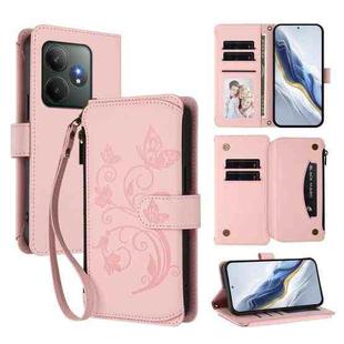 For Realme GT 6 5G / GT 6T 5G Global Butterfly Love Flower Multi-card Zipper Wallet Leather Phone Case(Pink)