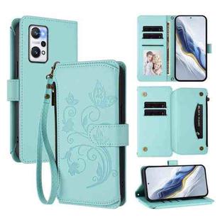 For Realme GT Neo 3T Butterfly Love Flower Multi-card Zipper Wallet Leather Phone Case(Mint Green)