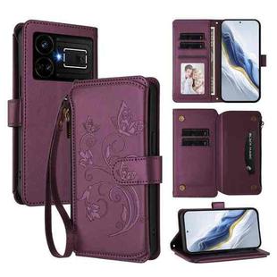 For Realme GT5 240W / GT5 5G Butterfly Love Flower Multi-card Zipper Wallet Leather Phone Case(Dark Purple)